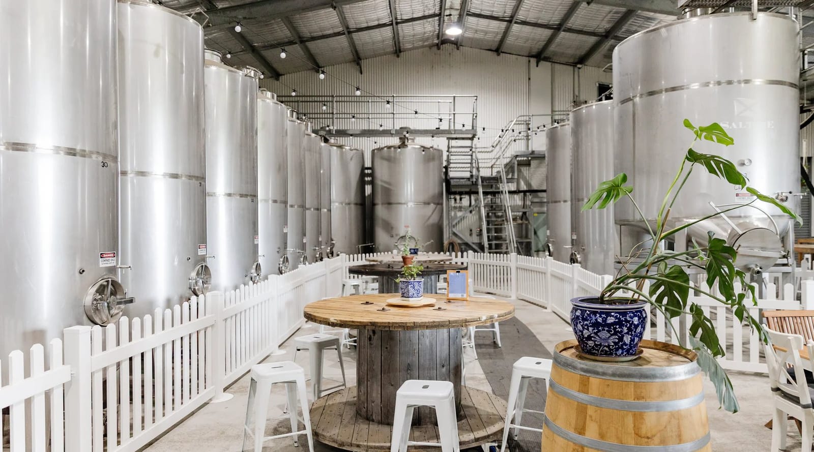 Stainless steel production tanks with tasting table