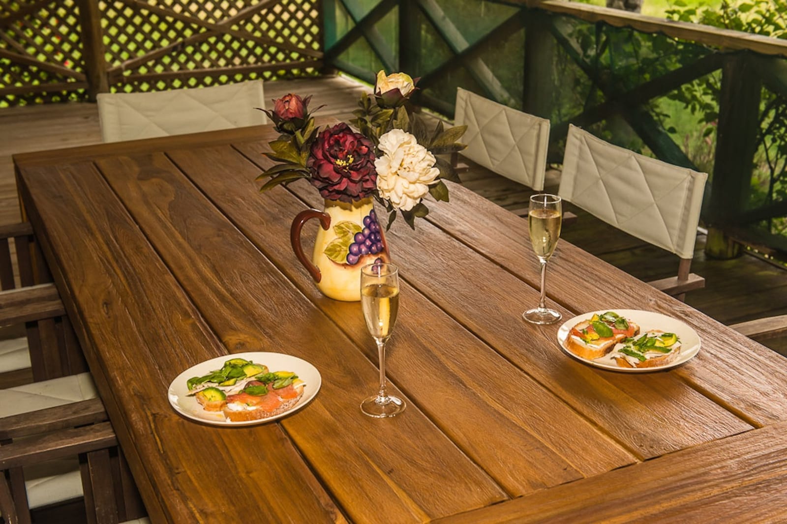 Breakfast set on the covered deck table