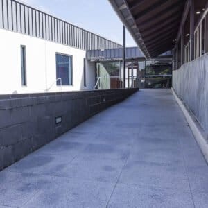 Modern building with covered walkway to gallery entrance at Singleton Arts and Cultural Centre, Hunter Valley