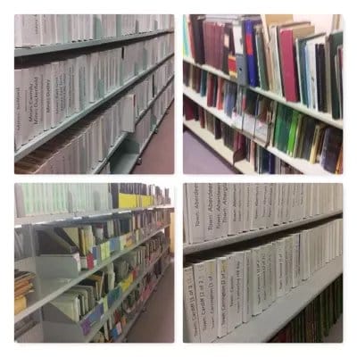 Museum library shelves displaying books in four-panel grid layout