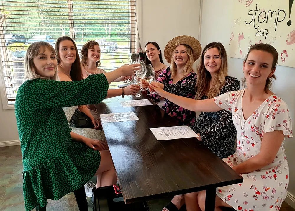 Group of women toasting with wine glasses at indoor counter