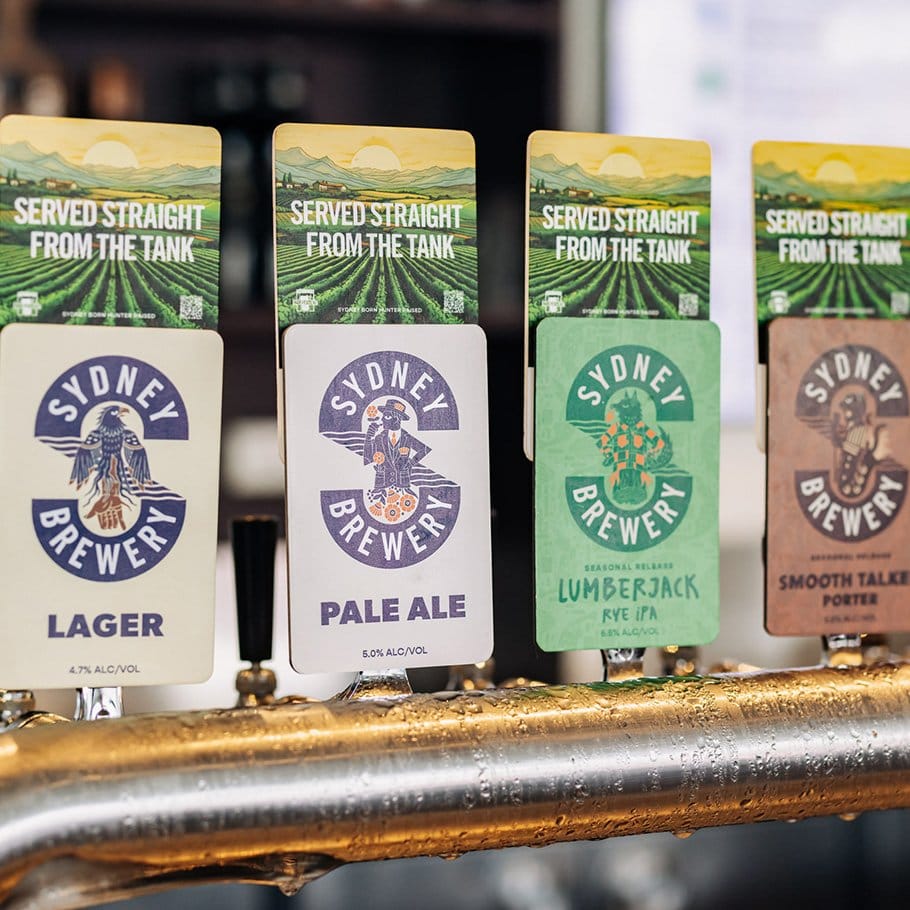 Sydney Brewery tap handles displaying different beer styles on display