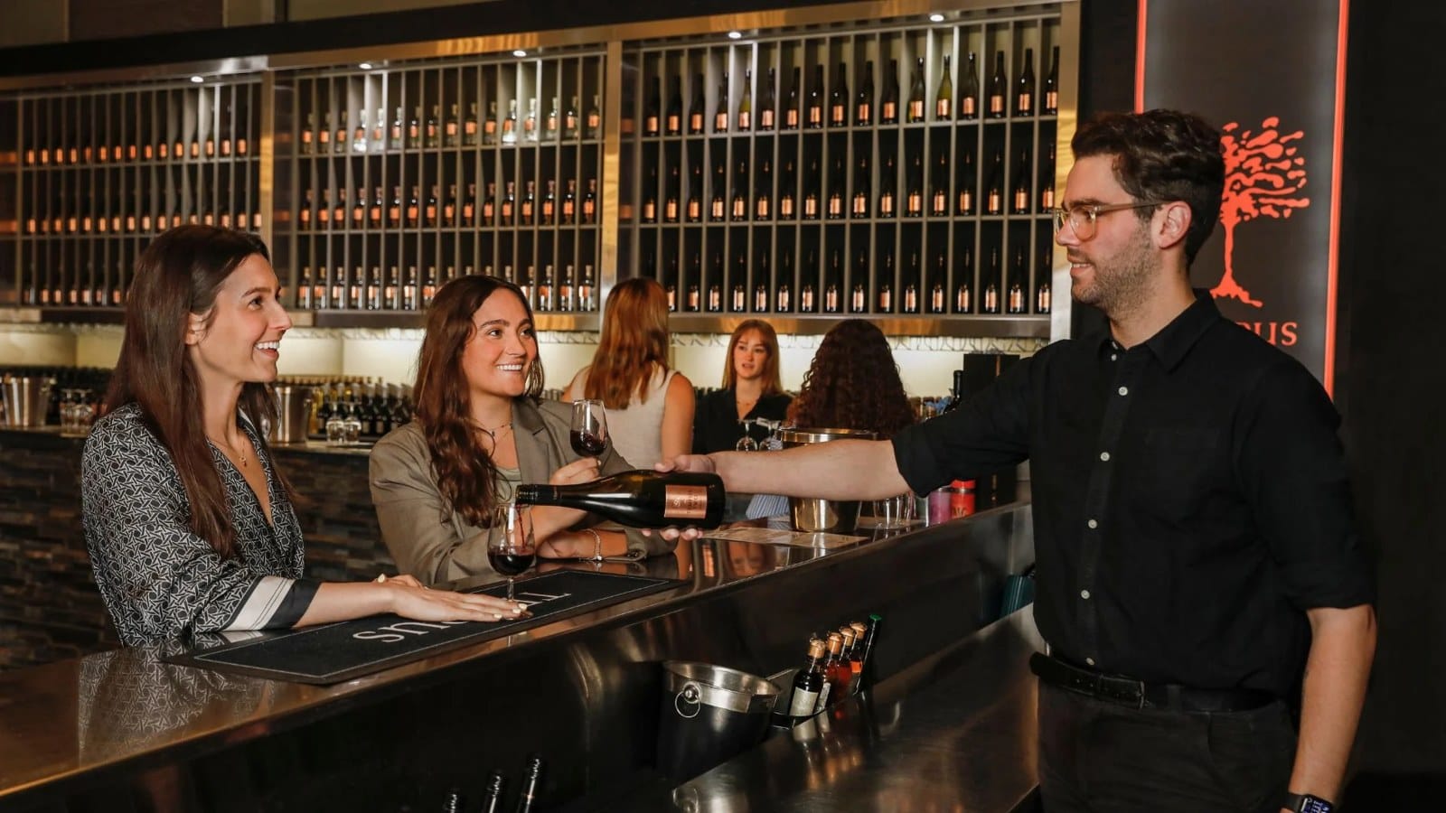 Guests tasting at dark timber cellar door bar at Tempus Two, Pokolbin, Hunter Valley