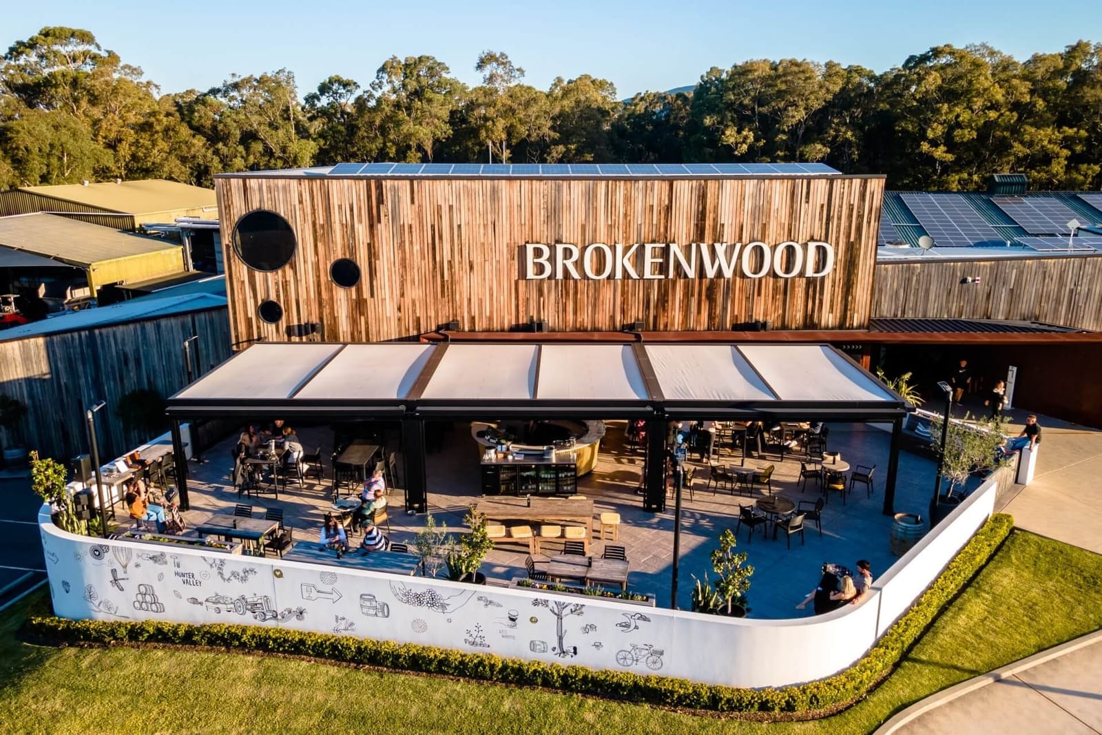 Aerial view of the Brokenwood building and covered terrace