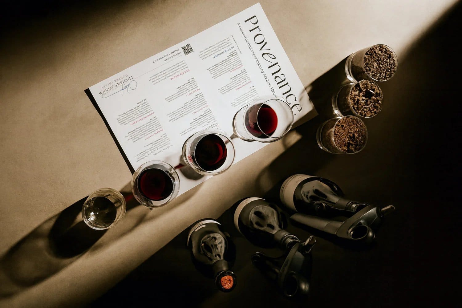 A flight of red wines beside the Provenance tasting notes at Thomas Wines, seen from above