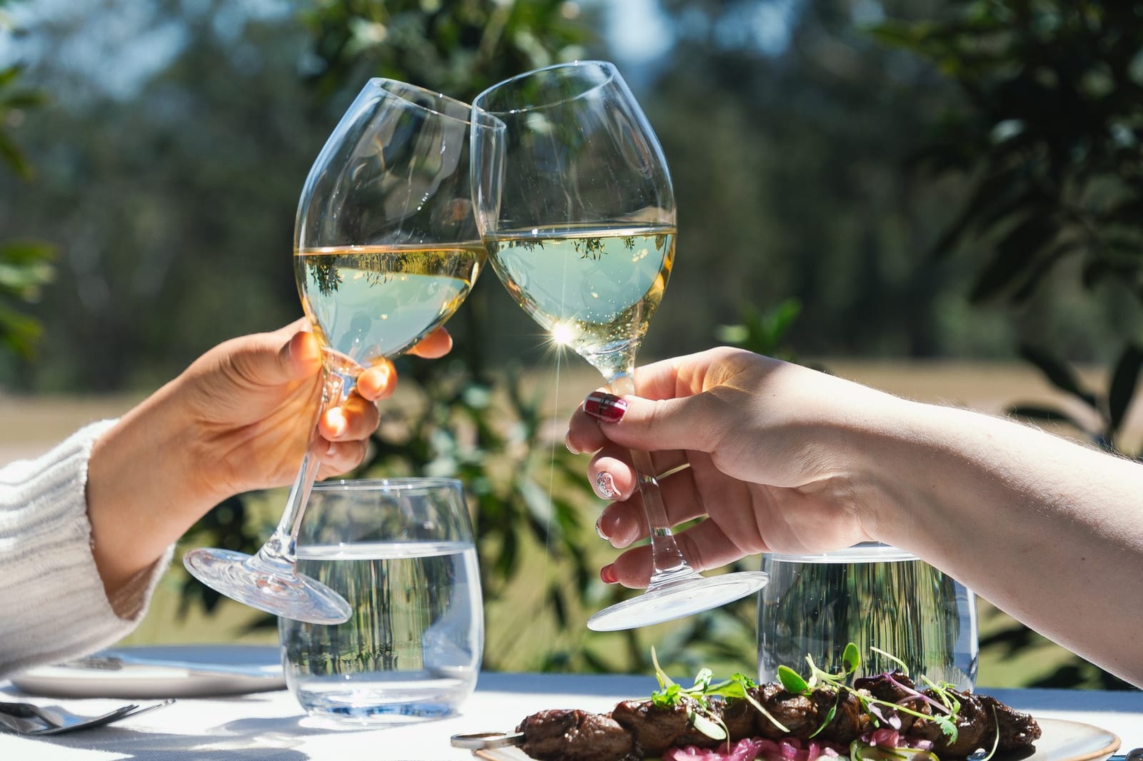 Two glasses of white wine touched together over a plated dish on a sunlit terrace table