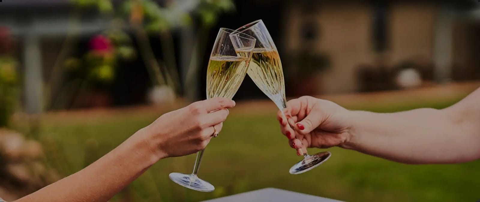 Two people toasting with champagne glasses outdoors