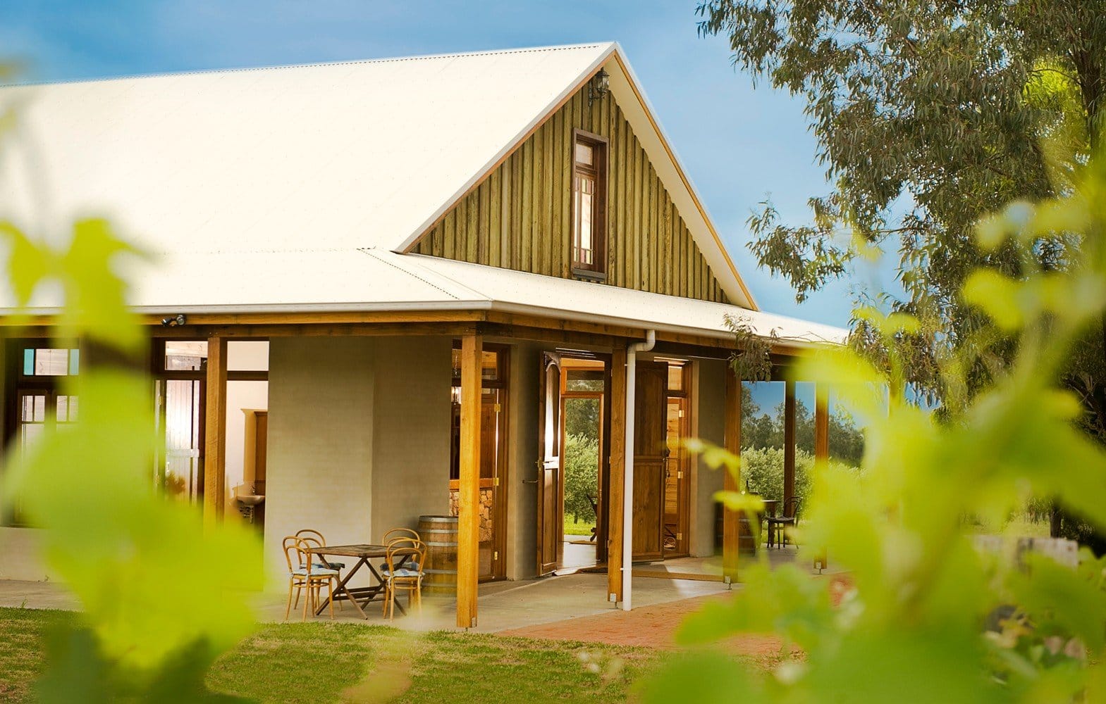 Cellar door entrance with timber framing and wide verandah