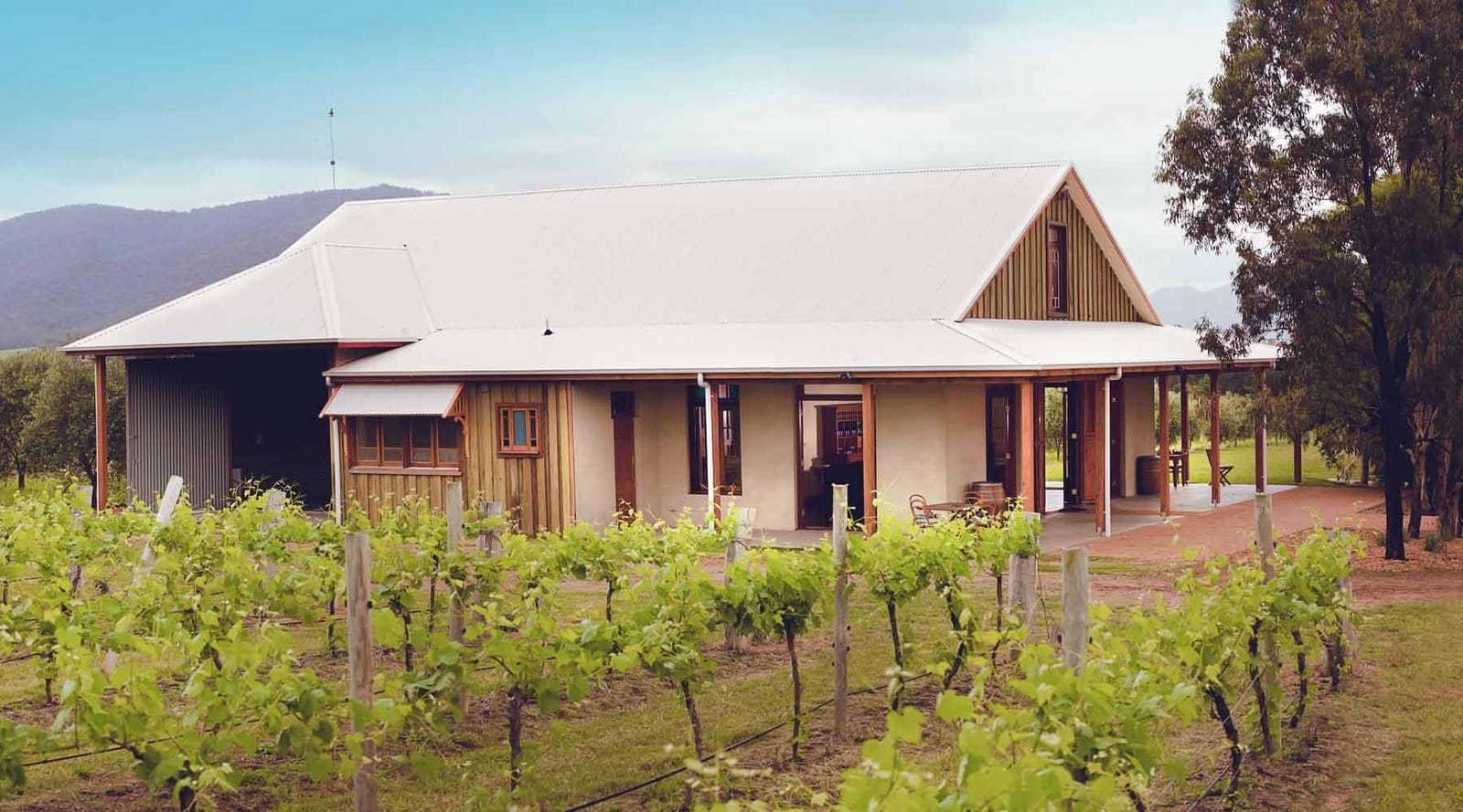 Cellar door building with vineyard rows in foreground and hills beyond at Whispering Brook, Broke, Hunter Valley