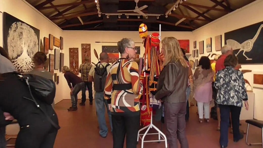 Gallery interior showing Indigenous artworks and cultural objects on display at Wollombi Cultural Centre, Hunter Valley